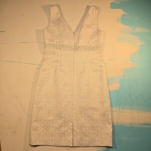 Tahari Arthur S Levine Womens 10 Sheath Dress Ivory Gold Jacquard Beaded Waist